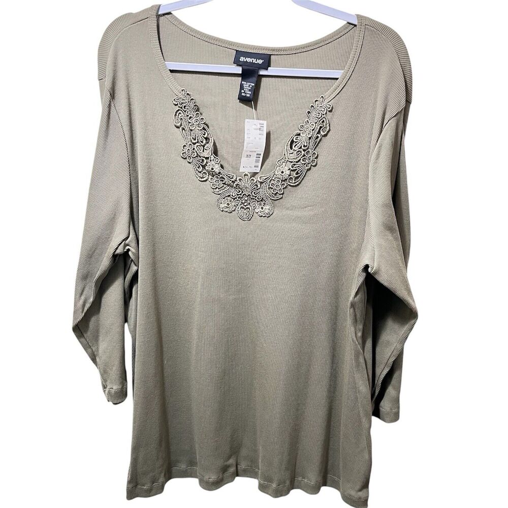 Avenue NWT Lace Trim Top 26 28 Fits Smaller Like 1X 14 16 Taupe Ribbed Blouse